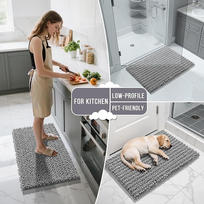 Yimobra Long Bathroom Rugs Non Slip Washable 44x24 Inch - Ultra Soft Absorbent Chenille Bath Mat, Quick Dry Shaggy Floor Carpet for Tub Shower, Gray Home Decor Accessories