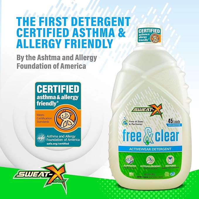 Sweat X Free & Clear Activewear Laundry Detergent – Certified Asthma & Allergy Friendly® – Hypoallergenic – Removes Toughest Stains & Odors – High-Performance Sports Wash – 45 Loads/Bottle – 2 Pack