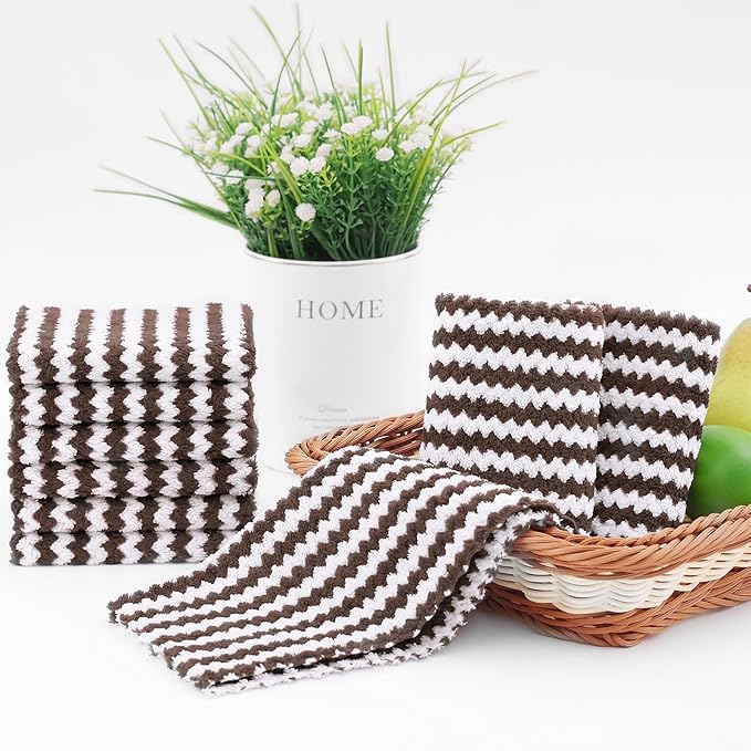 Homaxy 24 Pack Kitchen Dish Cloths, Ultra Soft and Absorbent Dish Towels, Reusable Fast Drying Microfiber Cleaning Cloth, Coral Velvet Wave Design No-lint, 10 x 10 inches, Brown