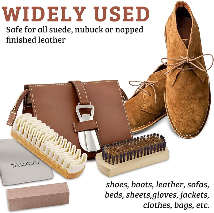 TAKAVU Premium Suede & Nubuck Cleaning Kit - Crepe Brush, Brass Bristle Brush, Microfiber Towel Cloth, Cleaning Block Eraser for Shoes, Boots