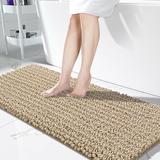 Yimobra Bathroom Runner Rug 60x24 Inch - Extra Long Non Slip Chenille Bath Mat, Soft & Absorbent, Machine Washable Shaggy Hallway Carpet for Vanity Tub Shower, Pale Khaki Home Decor Accessories