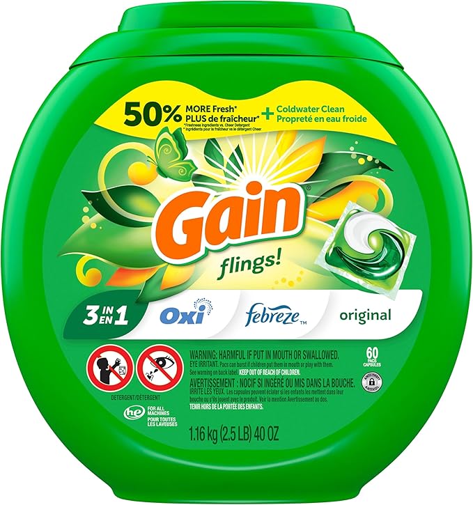 Gain flings! Laundry Detergent Soap Pacs HE Compatible 60 ct Long Lasting Scent Original Scent