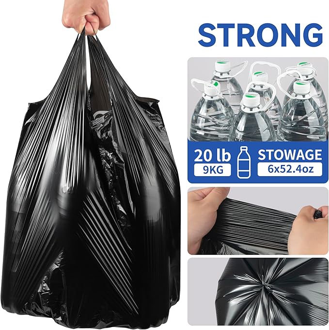 Small Trash Bags with Handles 4 Gallon 200 Count Black - Ocean Plastic Upcycling - Plastic Garbage Bags, Can Bin & Waste Basket Liner for Kitchen, Bathroom, Office and Pets