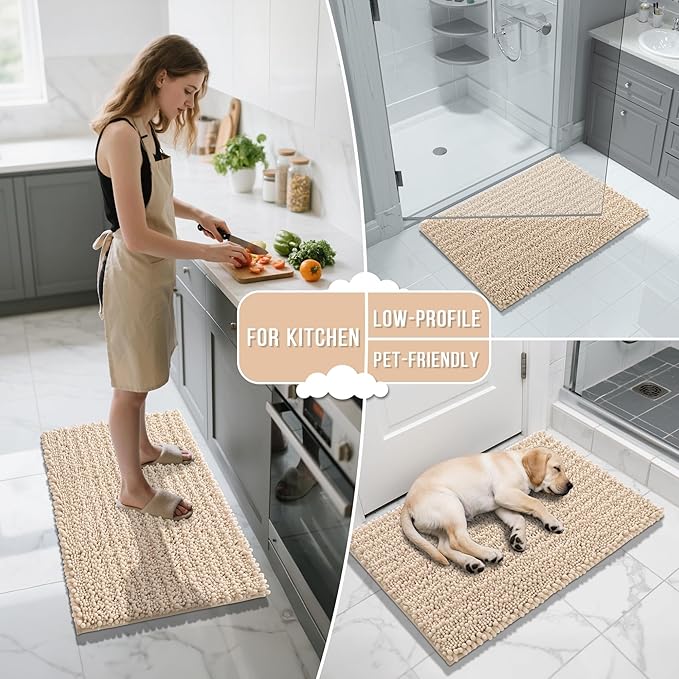 Yimobra Long Bathroom Rugs Non Slip Washable 44x24 Inch - Ultra Soft Absorbent Chenille Bath Mat, Quick Dry Shaggy Floor Carpet for Tub Shower, Light Brown Home Decor Accessories