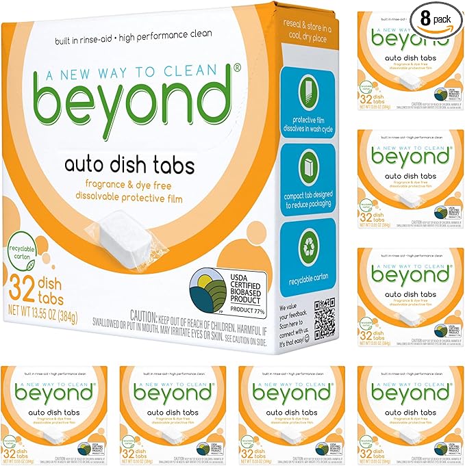 Beyond Natural Dishwasher Tablets [8 Boxs of 32] - Fragrance & Dye Free - Certified Biobased. Powerful. Plant-Based Ingredients