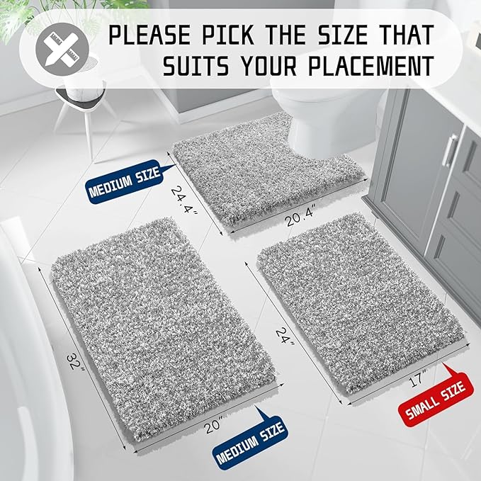 Yimobra Bathroom Rug Set 2 Piece, Soft Absorbent Microfiber Bath Mat Set, Non Slip Machine Washable Dry, Plush Shaggy Shower Rugs for Bathroom Floor, 32"x20"+24"x17", Light Gray and White