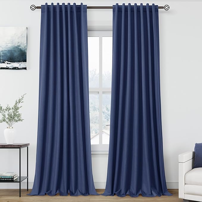 Nanspring 100% Blackout Linen Curtains 120 Inch Long 2 Panels Classic Blue Modern Urban Drapes Extra Long 10 FT Back Tab Pocket Thermal Insulated Curtains for Dining Room High Ceiling 52X120