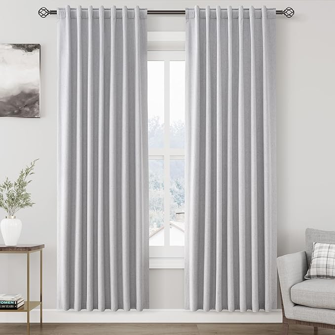 Nanspring Grey Linen 100% Blackout Curtains 80 inch Length Back Tab Rod Pocket Drapes Thermal Insulated Textured Bedroom Black Out Curtains 2 Panels Set 52x80