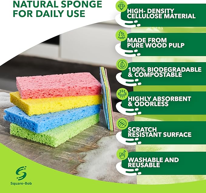 36 Pack Compressed Non-Scratch Kitchen Sponges - Highly Absorbent for Dishes, Countertop, Sink, Car - Biodegradable, Quick Drying Cellulose Sponges - Assorted Colors