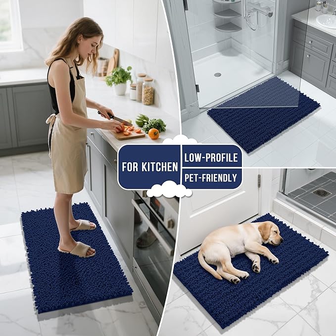 Yimobra Bathroom Runner Rug 70x24 Inch - Extra Long Non Slip Chenille Bath Mat, Soft & Absorbent, Machine Washable Shaggy Hallway Carpet for Vanity Tub Shower, Navy Blue Home Decor Accessories