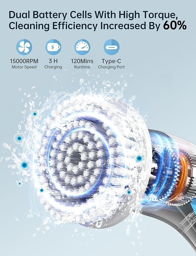 Electric Spin Scrubber with LED Display, IPX7 Waterproof Powerful Shower Scrubber, 2H Runtime, 2 Speeds, Adjustable Handle, 8 Brush Heads for Bathtub Tile Car-Black and White
