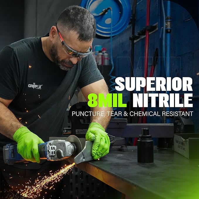 Herkules Grip Heavy Duty 8Mil Green Nitrile Gloves,3D Raised Diamond Texture-Latex & Powder Free-Industrial, Mechanic | Pack of (100 CT)
