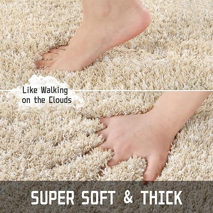 Yimobra Bathroom Rug Set 2 Piece, Soft Absorbent Microfiber Bath Mat Set, Non Slip Machine Washable Dry, Plush Shaggy Shower Rugs for Bathroom Floor, 32"x20"+24"x17", Light Beige & White