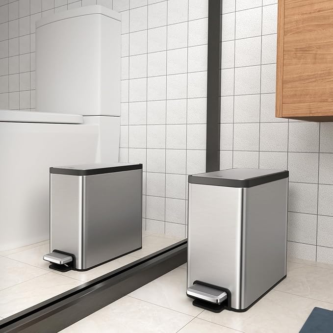 EKO Slim Small Bathroom Trash Can with Lid, Stainless Steel Kitchen Garbage Can with Removable Inner Bucket, 6L / 1.6 Gal 2 Pack Step On Trash Can Combo