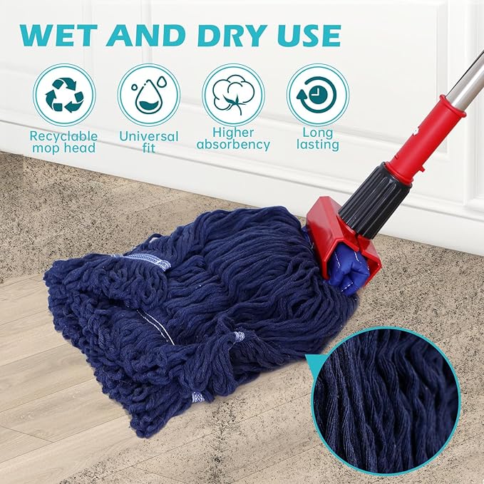 6 Pack Mop Head Replacement Heavy Duty Mop for Floor Cleaning, Wet Industrial Cotton Looped End String Cleaning Mop Head Refill for Home/Industrial/Commercial Cleaning (Blue)