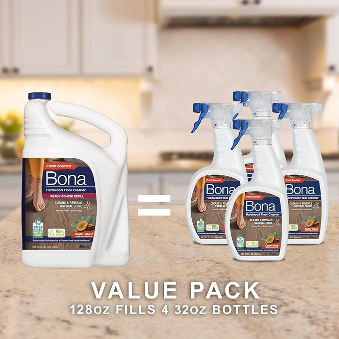 Bona Hardwood Floor Cleaner Refill - 128 fl oz - Cedar Wood Scent - Residue-Free Floor Cleaning Solution Spray Mop and Spray Bottle Refill - For Wood Floors
