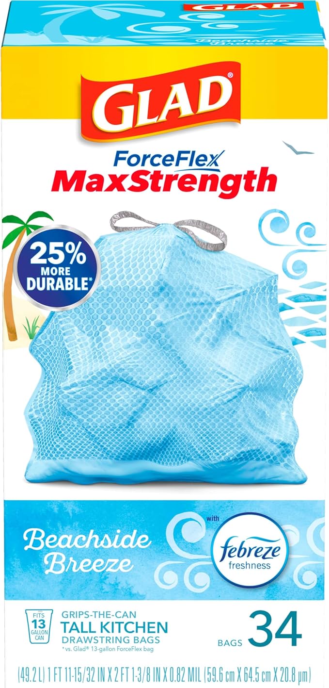 Glad ForceFlex MaxStrength Tall Kitchen Drawstring Trash Bags, 13 Gallon, Beachside Breeze with Febreze Freshness, 34 Count (Pack of 2)