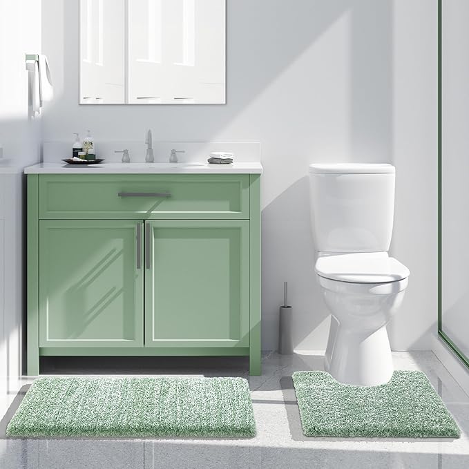 Yimobra Bathroom Rugs Sets 2 Piece, Soft Absorbent Bath Mat and U-Shaped Toilet Rug with Non Slip Backing, Machine Washable, Plush Shaggy Bath Mats for Bathroom, 32"x20"+24"x20", Light Green and White