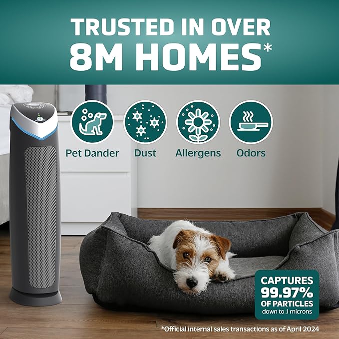 GermGuardian 5-In-1 HEPA Air Purifier for Home, Large Rooms Up To 915 Sq. Ft. with HEPA Pet Air Filter, UV-C Light & Odor Reduction, AC5250PT, 28" Tower, Gray