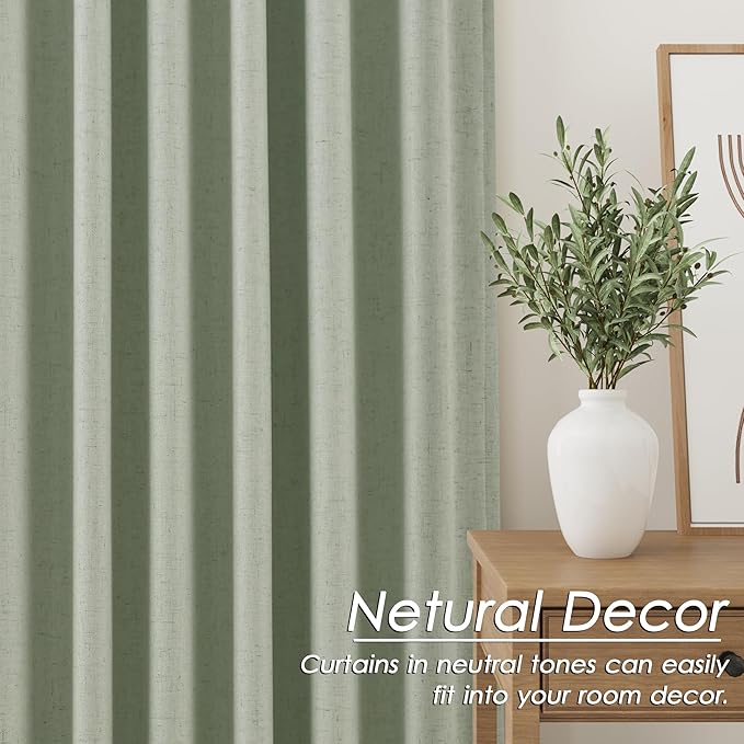 Nanspring Mist Sage Linen Blackout Curtains 96 Inches Long Back Tab Rod Pocket Thermal Insulated Flax Linen Sound Proof Full Blackout 2 Panels Set for Nursery Modern Farmhouse Curtains Drapes 52x96