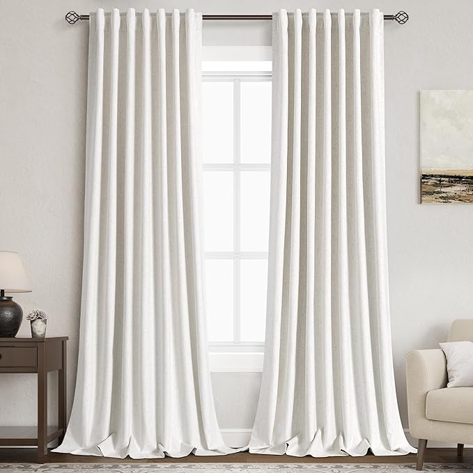 100% Blackout Linen Curtains 94 Inch Length 2 Panels for Living Room Loop Rod Pocket Black Out Drapes Cream Colored Heat Reducing Total Blackout Window Curtain for Bedroom 94 inches Long