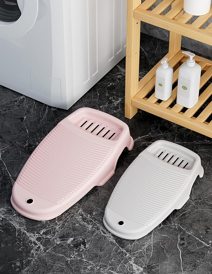 2 Pack Washboard for Hand Washing Clothes, New Updated Wash Boards Set with Soap Holder and Non-slip Base, 2 Sizes Lightweight Washboard for Kitchen Sink, Countertop, Bathtubs (Pink)