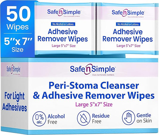 Safe n' Simple Adhesive Remover for Skin - 5"x7" 50 Wipes - Stoma Adhesive Remover Wipes - Alcohol Free Wipes for Sensitive Skin - No Sting Adhesive Remover Wipes