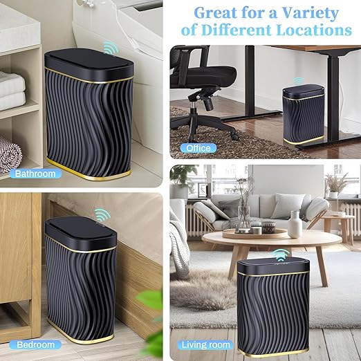 Bathroom Trash can with Automatic Touchless Lid, 2.6 Gallon Black Motion Sensor Small Garbage Can, Slim Waterproof Smart Trash Bin for Bedroom, Office, Living Room