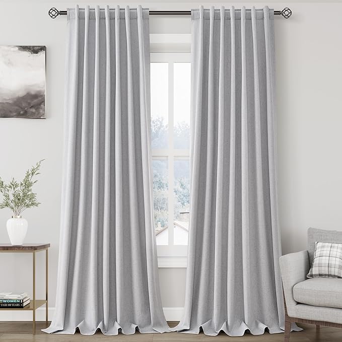 Nanspring Grey Linen Blackout Curtains 132 inch Length Back Tab Rod Pocket Drapes Thermal Insulated Textured Living Room 100% Blackout Curtains 2 Panels Set 52x132