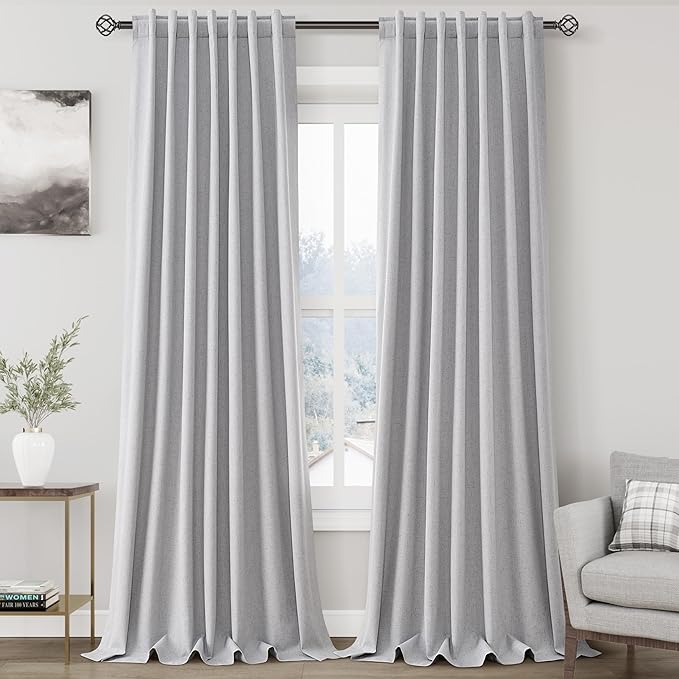 Grey Linen 100% Black Out Curtains 108 Inches Long 2 Panels Set for Bedroom Boho Farmhouse Back Tab Thermal Insulated Energy Efficient Curtains Living Room High Ceiling Length 9 FT 52x108