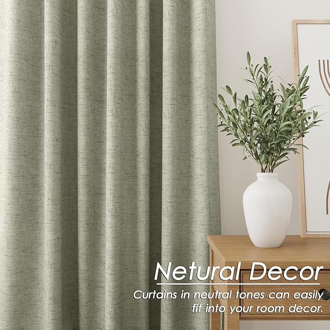 Sage Green Linen 100% Black Out Curtains 108 Inches Long 2 Panels Set for Bedroom Boho Farmhouse Back Tab Thermal Insulated Energy Efficient Curtains Living Room High Ceiling Length 9 FT 52x108
