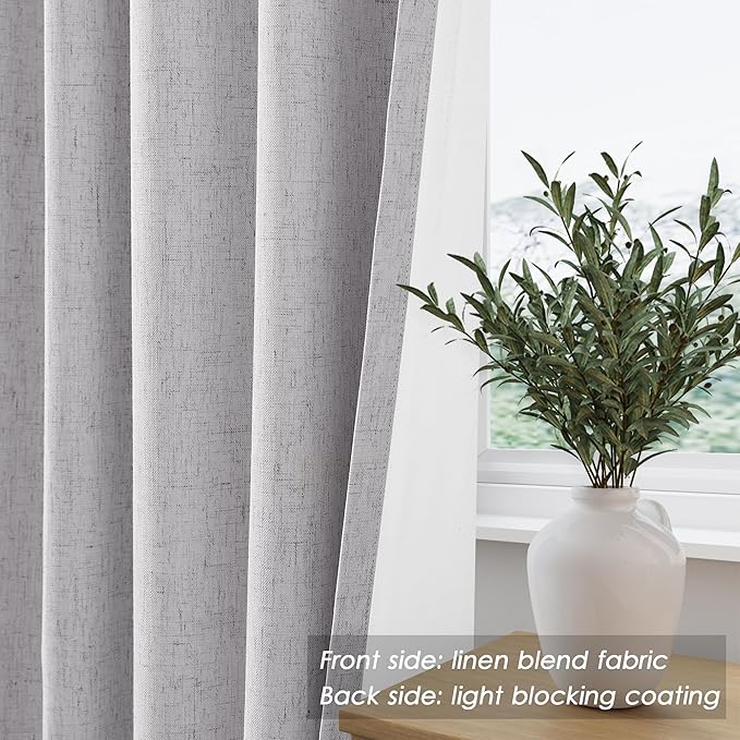 Nanspring Grey100% Blackout Kitchen Curtains Back Tab Rod Pocket Linen Curtain Thermal Insulated Textured Short Blackout Curtains 2 Panels Set 52x54