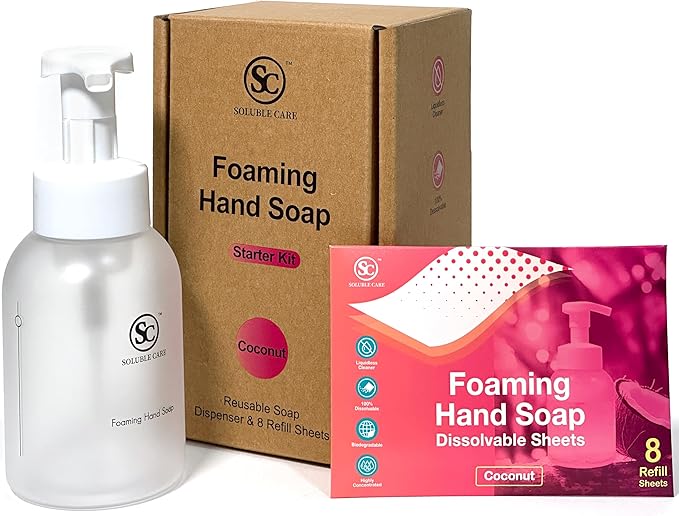 Foaming Hand Soap Dissolvable Sheet Starter Kit | Includes 8 oz. Foaming Dispenser & 4 Full Bottle Refills – Sustainable, Earth-Friendly Cleaning Solution – Coconut Scent