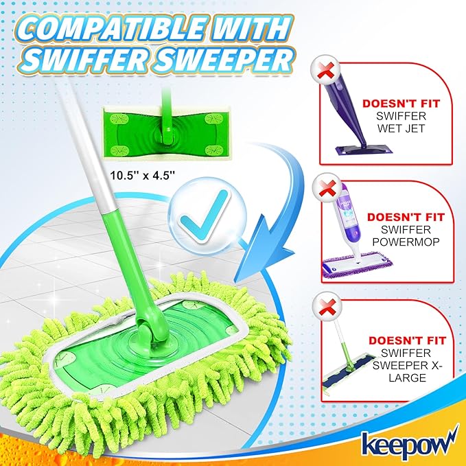 KEEPOW Reusable Microfiber Mop Pads Compatible with Swiffer Sweeper & Mop Deluxe 2-in-1, Wet & Dry Mopping Cloths for All Floors, Compatible with Swiffer Dry Sweeping Cloths for Cleaning (4 Pack)