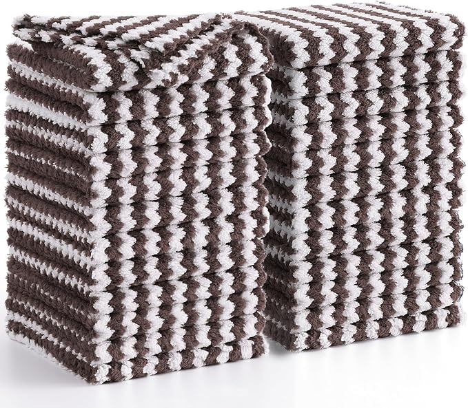 Homaxy 24 Pack Kitchen Dish Cloths, Ultra Soft and Absorbent Dish Towels, Reusable Fast Drying Microfiber Cleaning Cloth, Coral Velvet Wave Design No-lint, 10 x 10 inches, Brown