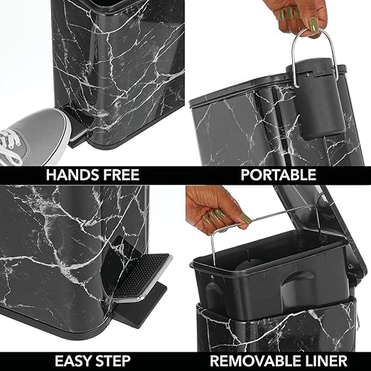 mDesign Slim Metal Rectangle 1.3 Gallon/5 Liter Trash Can with Step Pedal, Easy-Close Lid, Removable Liner - Narrow Wastebasket Garbage Container Bin for Bathroom, Bedroom, Kitchen - Black Marble
