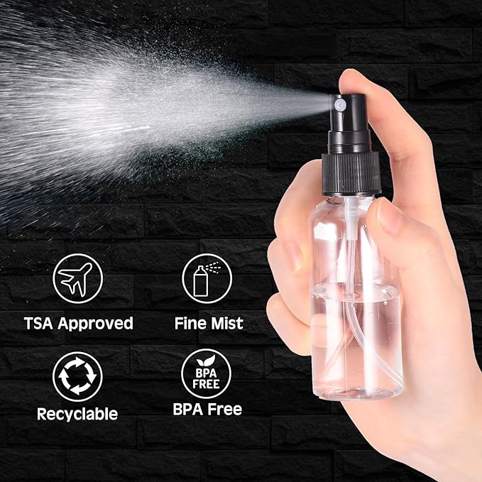 Roshtia 300 Pcs 2 oz Plastic Mini Spray Bottles with Black Cap Clear Empty Fine Mist Spray Bottles Refillable Liquid Container for Essential Oils Perfumes Travel Makeup