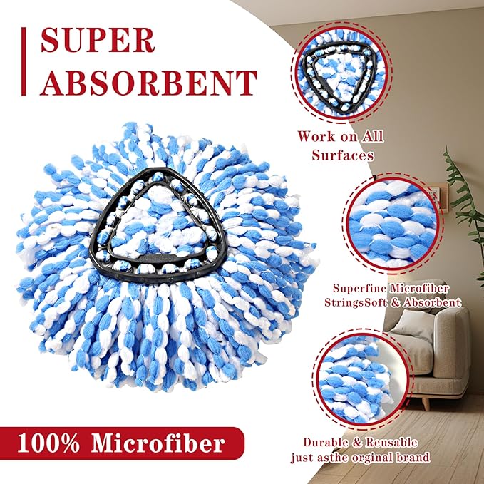 2 Pack Spin mop Replacement Head, Spin mop Scrub Brush,Microfiber Mop Refills, Easy to Replace,for Bathroom,Kitchen,Tub and Tile,Easy Cleaning,Suitable for Ocedar RinseClean 2-Tank System Spin Mop (C)