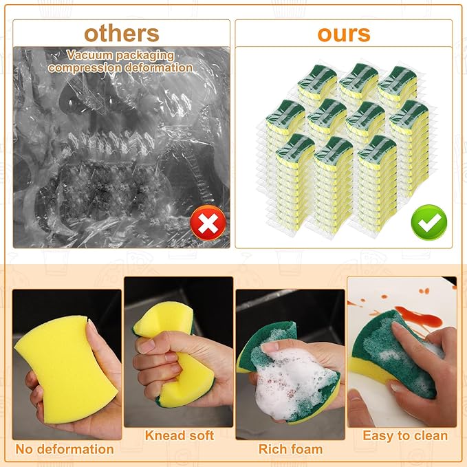 200 Pcs Individually Wrapped Sponges,Uncompressed Non Scratch Scrouing Sponges for Household Cleaning Dishes Kitchen Airbnb Apartment Car Bike