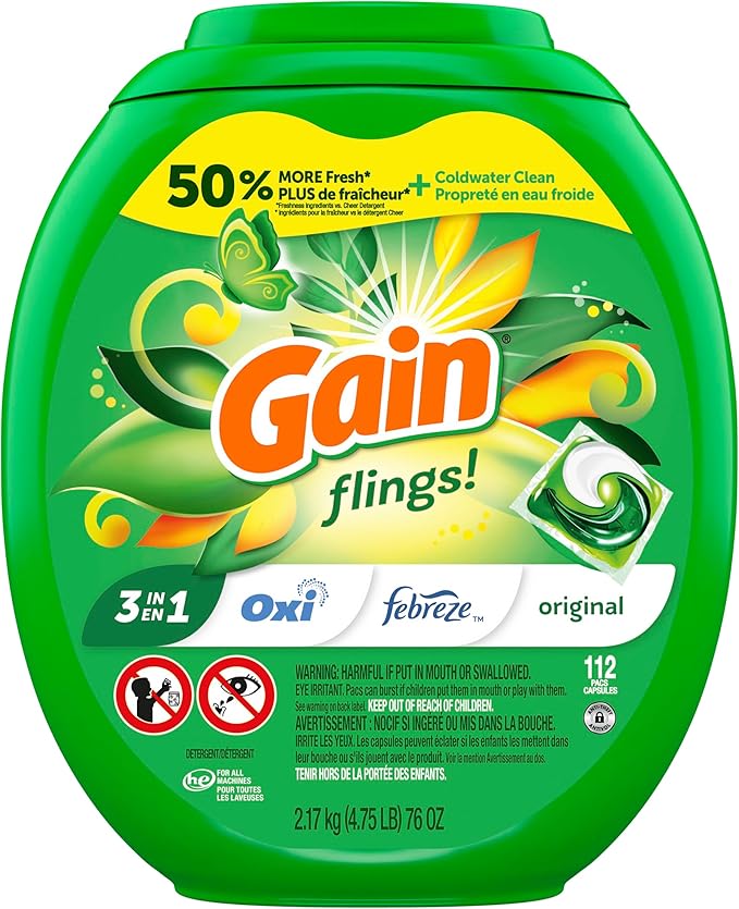 Gain flings Laundry Detergent Pacs, 112 Count, Original Scent with Oxi Boost and Febreze, 3-in-1, HE Compatible