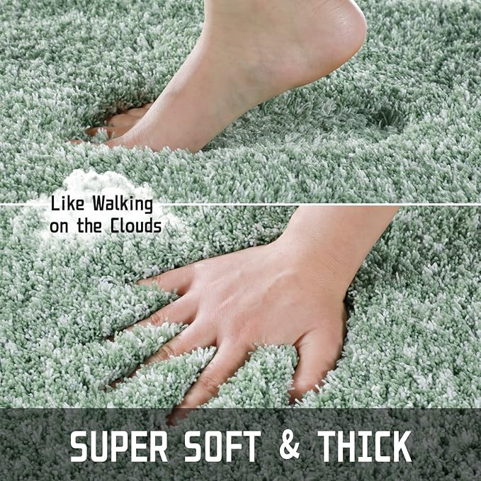 Yimobra Bathroom Rug Set 2 Piece, Soft Absorbent Microfiber Bath Mat Set, Non Slip Machine Washable Dry, Plush Shaggy Shower Rugs for Bathroom Floor, 32"x20"+24"x17", Light Green and White