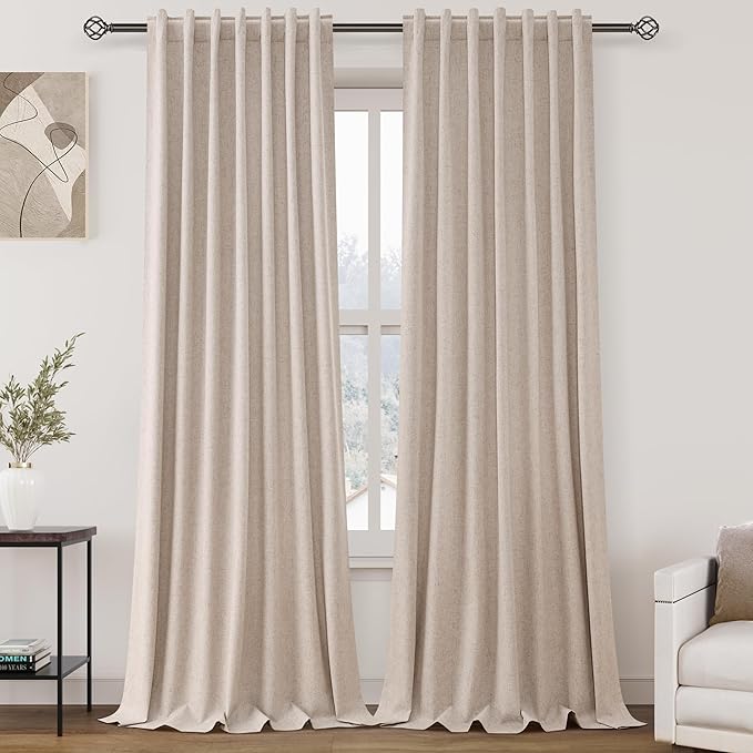 Oatmeal Linen Blackout Curtains 120 Inch Length 2 Panels Set Extra Long 10 Ft Back Tab Pocket Drapes Thermal Insulated Total Blocking Curtains for Dining Room Cottage High Window Curtain 52x120