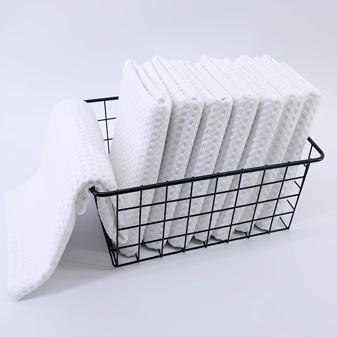 POLYTE Ultra Premium Microfiber Kitchen Dish Hand Towel Waffle Weave, 8 Pack (16x28 in, White)