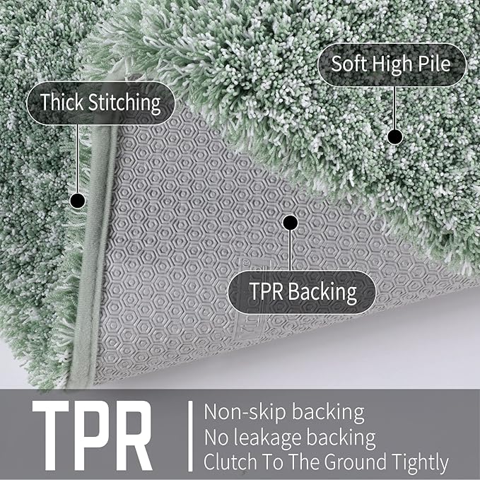 Yimobra Bathroom Rug Set 2 Piece, Soft Absorbent Microfiber Bath Mat Set, Non Slip Machine Washable Dry, Plush Shaggy Shower Rugs for Bathroom Floor, 32"x20"+24"x17", Light Green and White