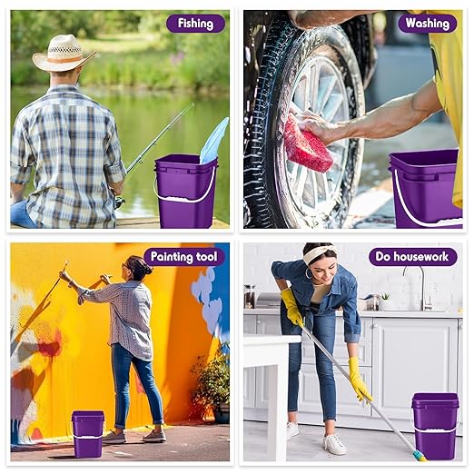 Vesici 6 Pcs 5 Gallon Food Grade Square Buckets with Lids 5 Gal Plastic Food Storage Square Bucket Heavy Duty Industrial Pail Container with DIY Label Stickers Handles for Water Painting(Purple)