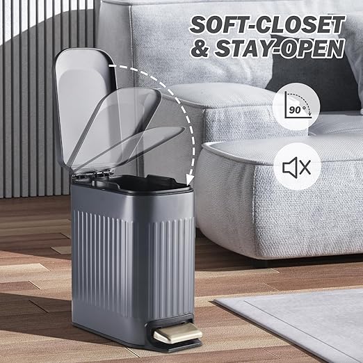 Slim Bathroom Trash Can with Lid Soft Close, Stainless Steel Garbage Can Step Trash Bin with Removable Inner Bucket for Bedroom, Office, Kitchen (Matt Grey, 1.8 Gallons)