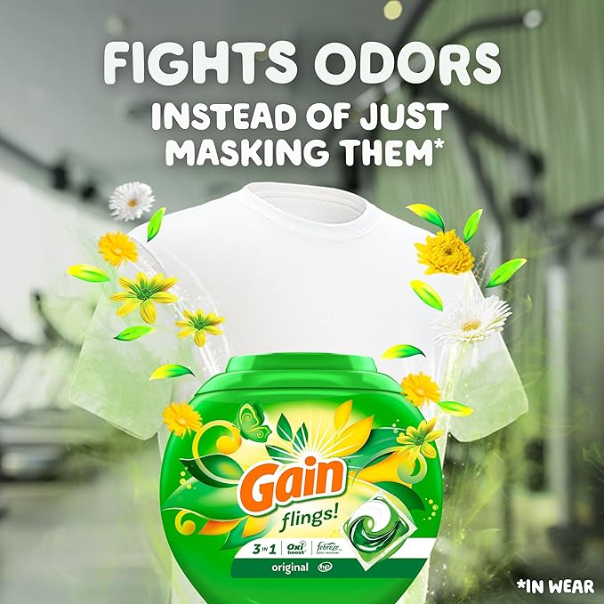 Gain flings! Laundry Detergent Soap Pacs HE Compatible 60 ct Long Lasting Scent Original Scent
