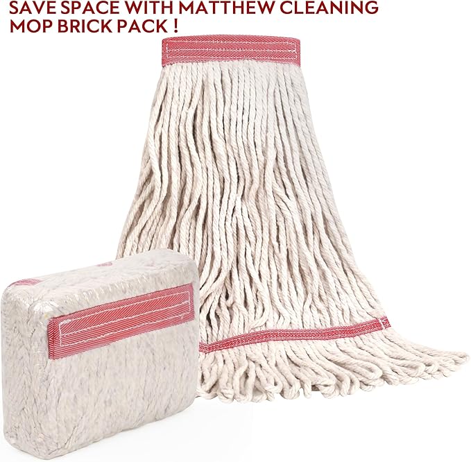 MATTHEW CLEANING Heavy Duty Mop Head Commercial Replacement for General and Floor Cleaning, Wet Industrial Blue Cotton Looped End String Head Refill (Pack of 6) White