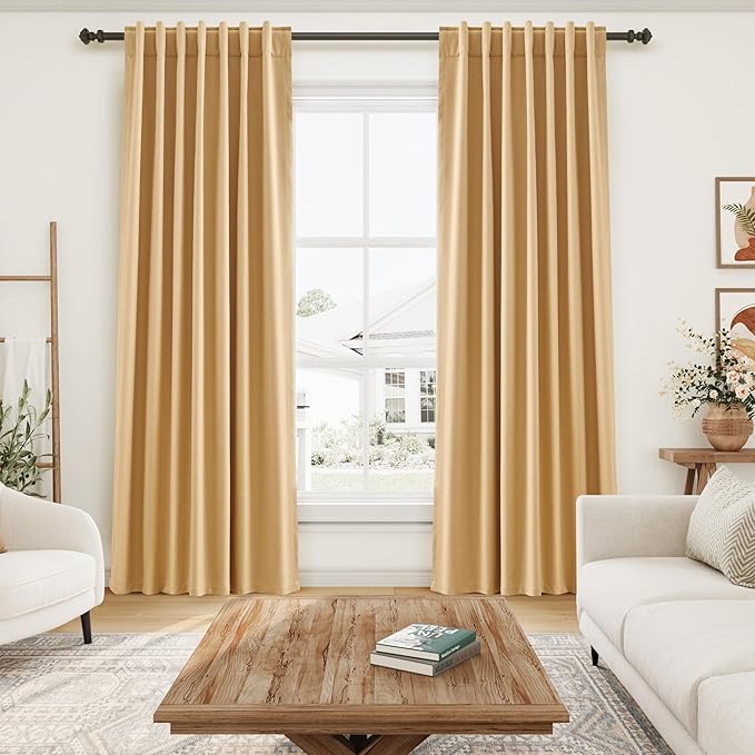Blackout Camel Linen Curtains 96 Inches Long Back Tab Heat Reflective Full Light Block Out Curtain 2 Panels for Bedroom Window Textured Long Draperies with Liner Floor to Ceiling Length 52x96
