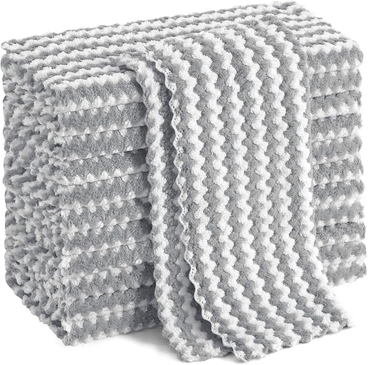 Homaxy 12 Pack Kitchen Dish Cloths, Ultra Soft and Absorbent Dish Towels, Reusable Fast Drying Microfiber Cleaning Cloth, Coral Velvet Wave Design No-lint, 10 x 10 inches, Grey
